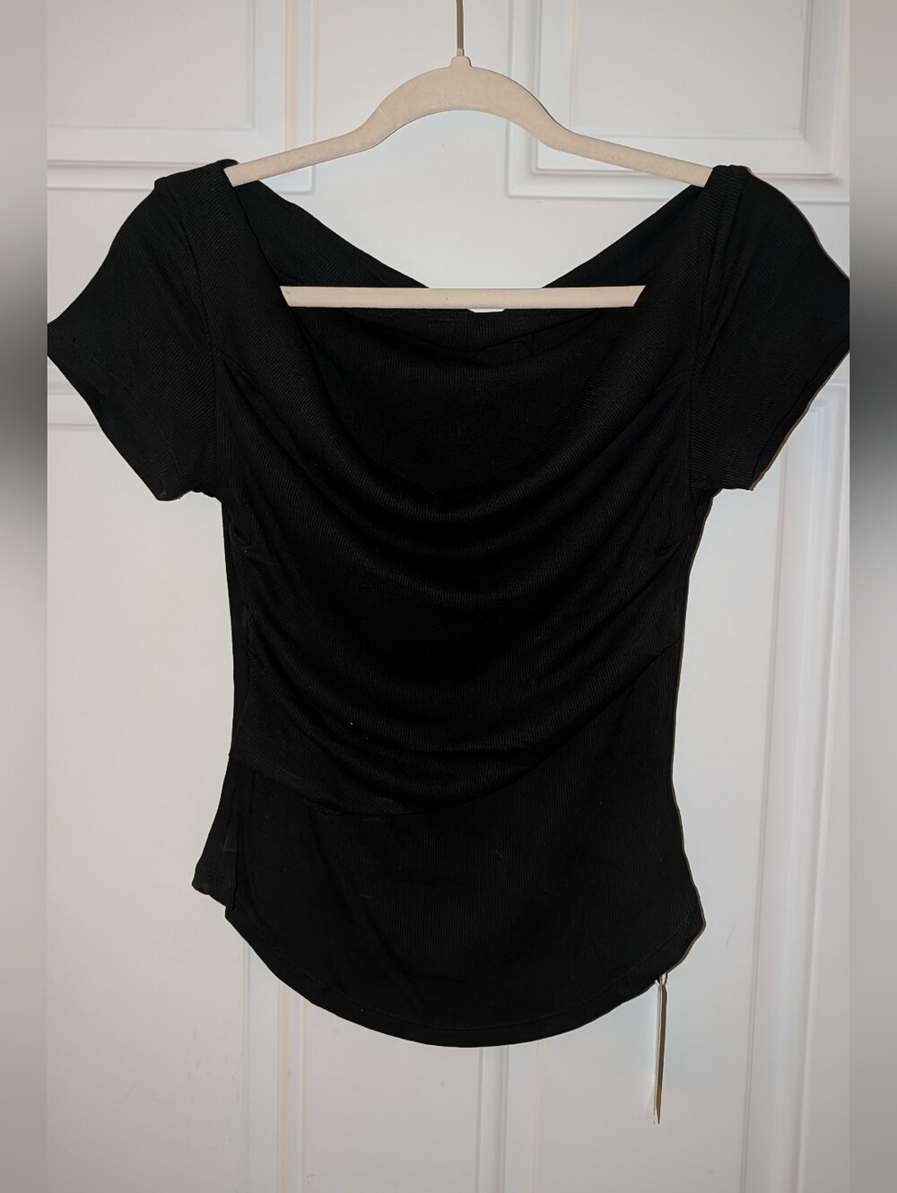 Halara Draped Neck Short Sleeve Top Black Small NWT